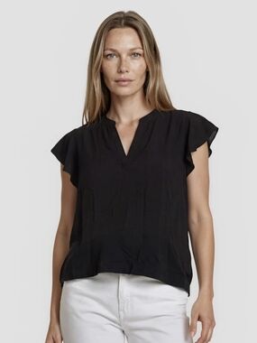 Black Flutter-Sleeve Split-Neck Blouse